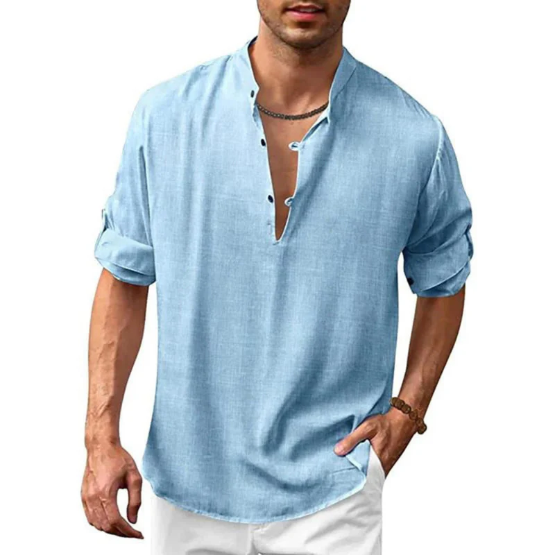 Herren Langarm Shirt mit V-Ausschnitt | Lockeres Freizeithemd mit Knöpfen - Image 3