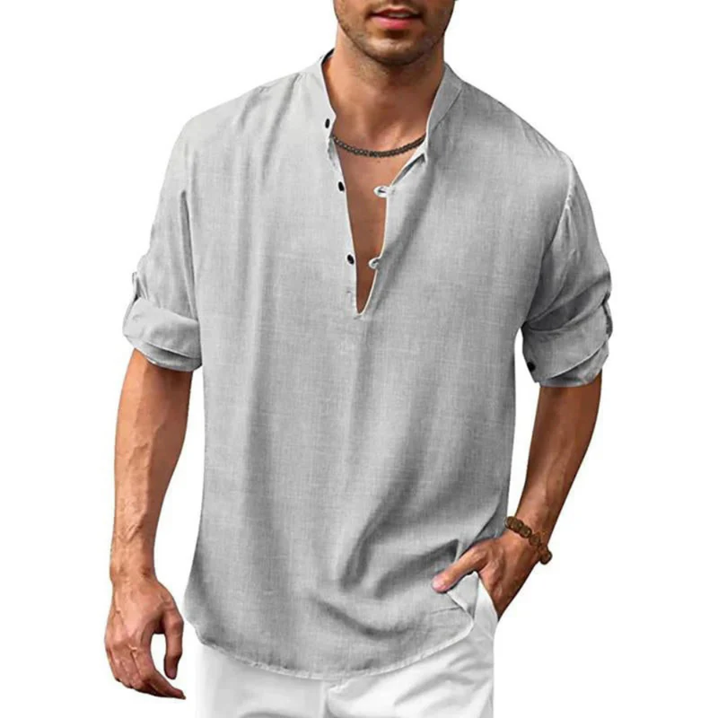 Herren Langarm Shirt mit V-Ausschnitt | Lockeres Freizeithemd mit Knöpfen - Image 4