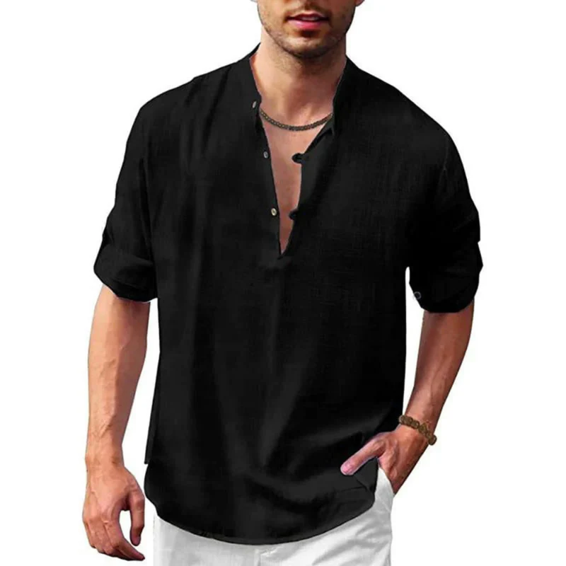 Herren Langarm Shirt mit V-Ausschnitt | Lockeres Freizeithemd mit Knöpfen - Image 8