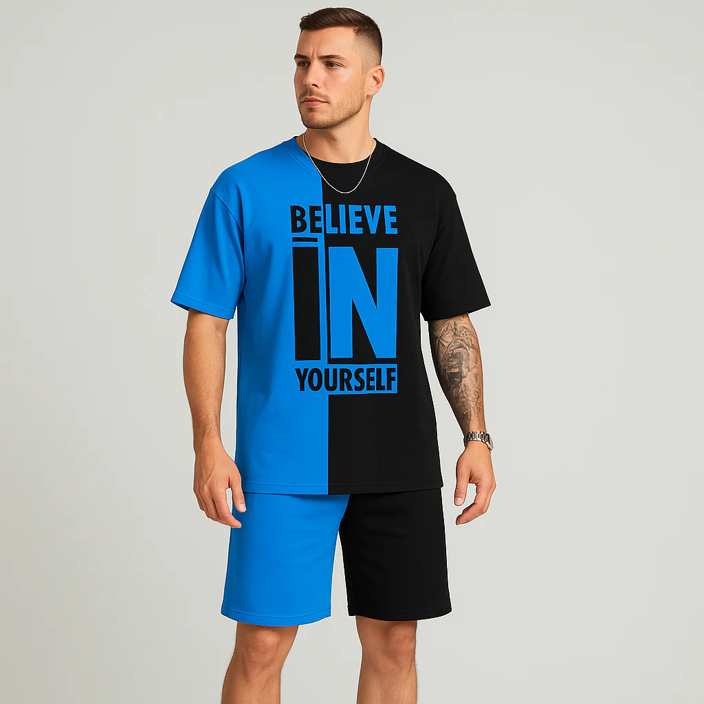 Herren-Motivationsset mit Farbblock-Print – „Glaub an dich selbst“ T-Shirt & passende Shorts - Image 2