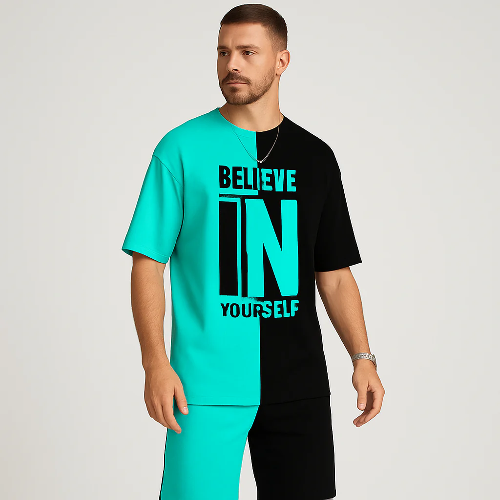 Herren-Motivationsset mit Farbblock-Print – „Glaub an dich selbst“ T-Shirt & passende Shorts - Image 3