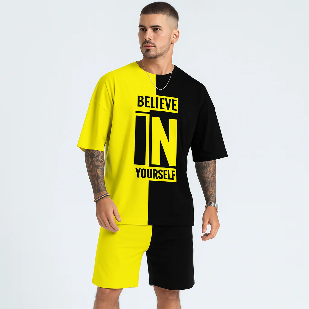 Herren-Motivationsset mit Farbblock-Print – „Glaub an dich selbst“ T-Shirt & passende Shorts - Image 4
