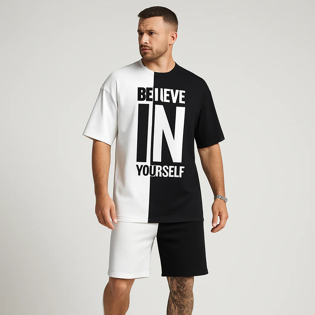 Herren-Motivationsset mit Farbblock-Print – „Glaub an dich selbst“ T-Shirt & passende Shorts - Image 5