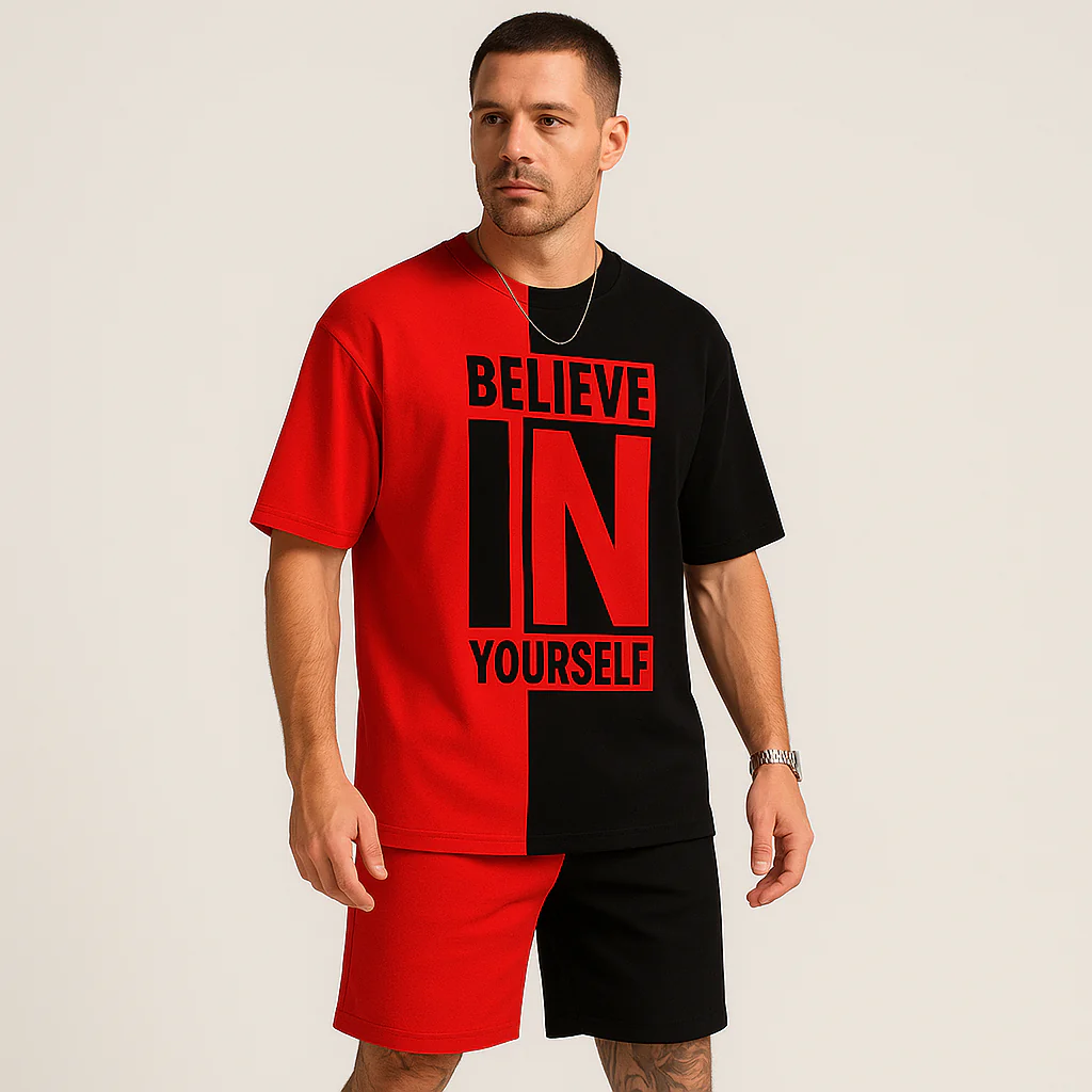 Herren-Motivationsset mit Farbblock-Print – „Glaub an dich selbst“ T-Shirt & passende Shorts - Image 6