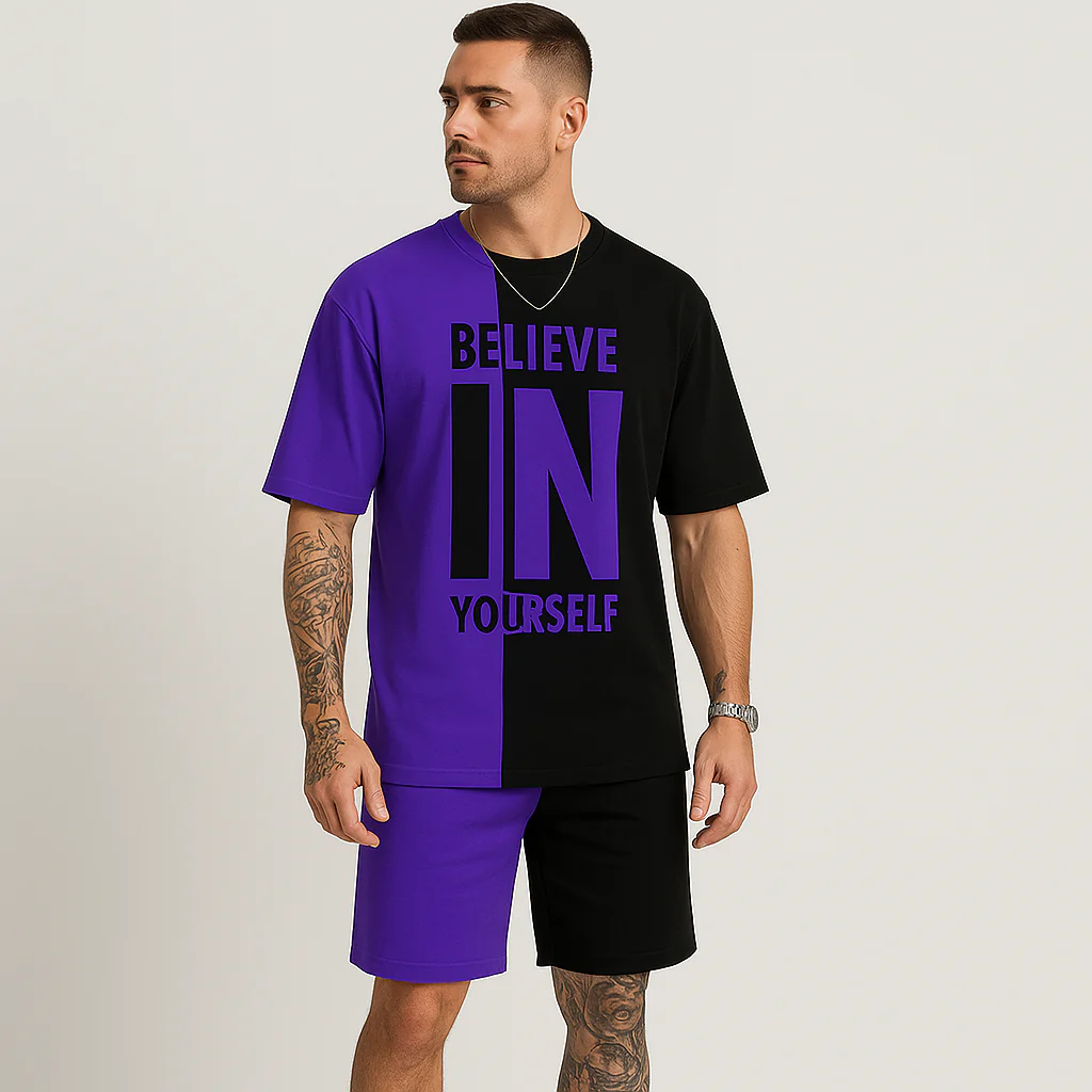 Herren-Motivationsset mit Farbblock-Print – „Glaub an dich selbst“ T-Shirt & passende Shorts - Image 7