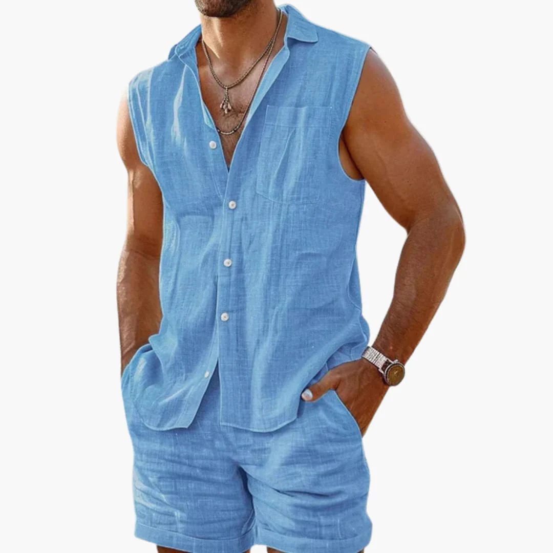 Herren Set mit ärmellchem Hemd und Shorts für den Sommer - Image 2
