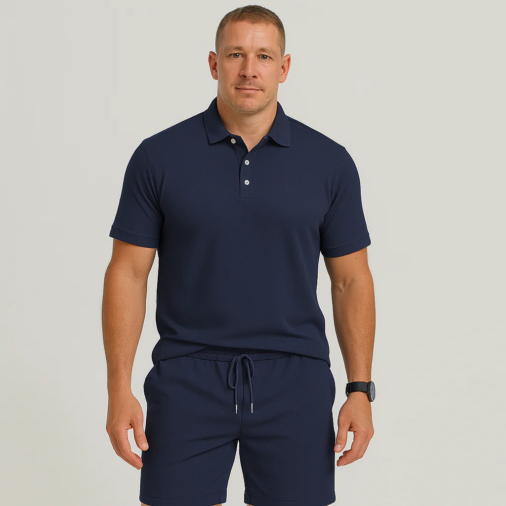 Herren Sommer Casual Set – Leichtes Oberteil mit Golfkragen und einfarbige Shorts mit Taschen - Image 2