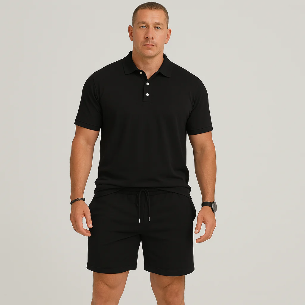 Herren Sommer Casual Set – Leichtes Oberteil mit Golfkragen und einfarbige Shorts mit Taschen - Image 3