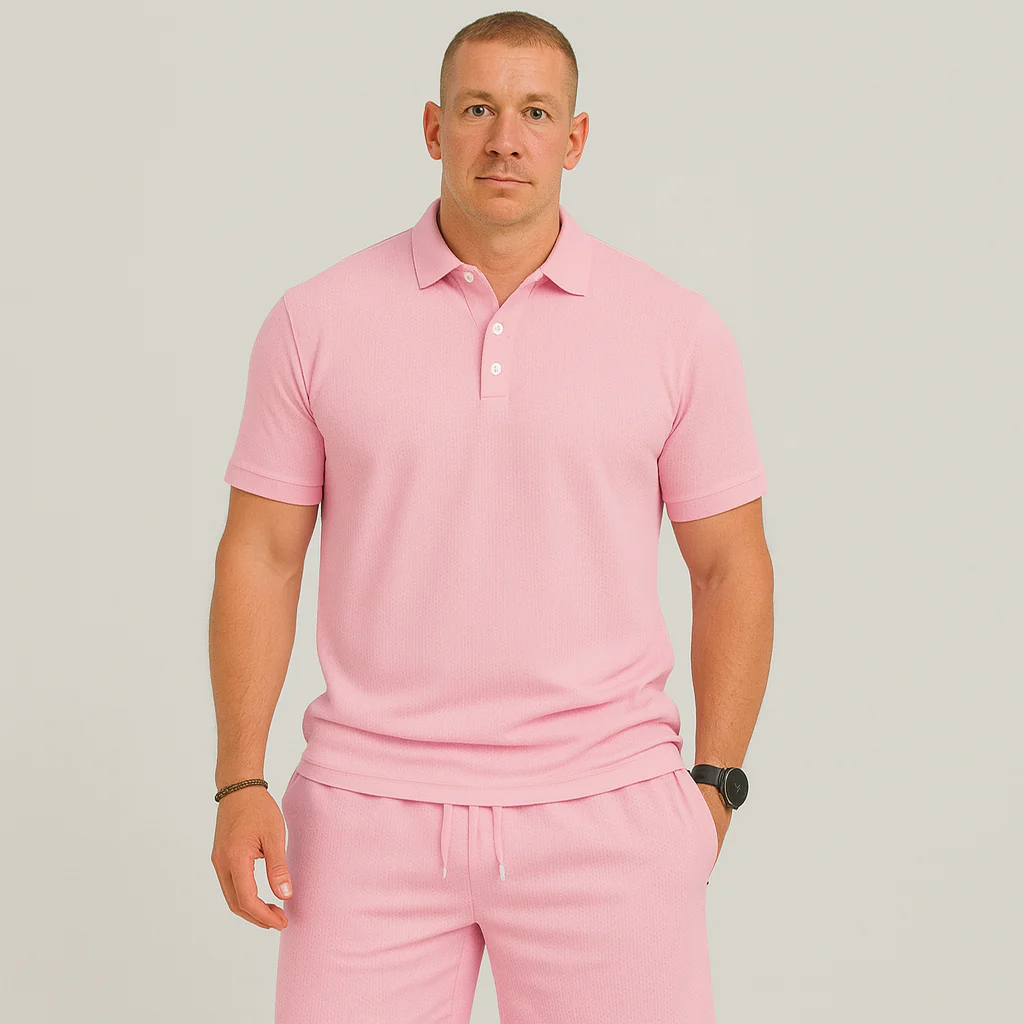 Herren Sommer Casual Set – Leichtes Oberteil mit Golfkragen und einfarbige Shorts mit Taschen - Image 6