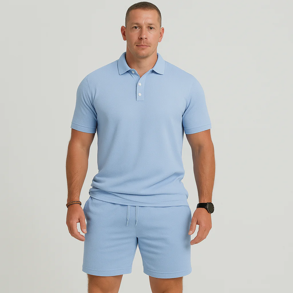 Herren Sommer Casual Set – Leichtes Oberteil mit Golfkragen und einfarbige Shorts mit Taschen - Image 7