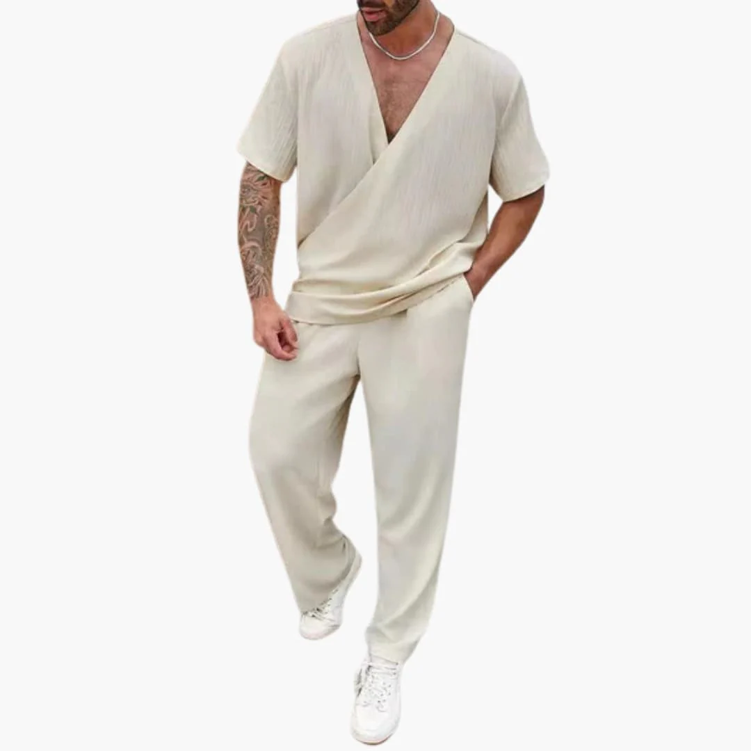 Herren Sommer Zweiteiler mit V-Ausschnitt und langen Hosen - Image 4
