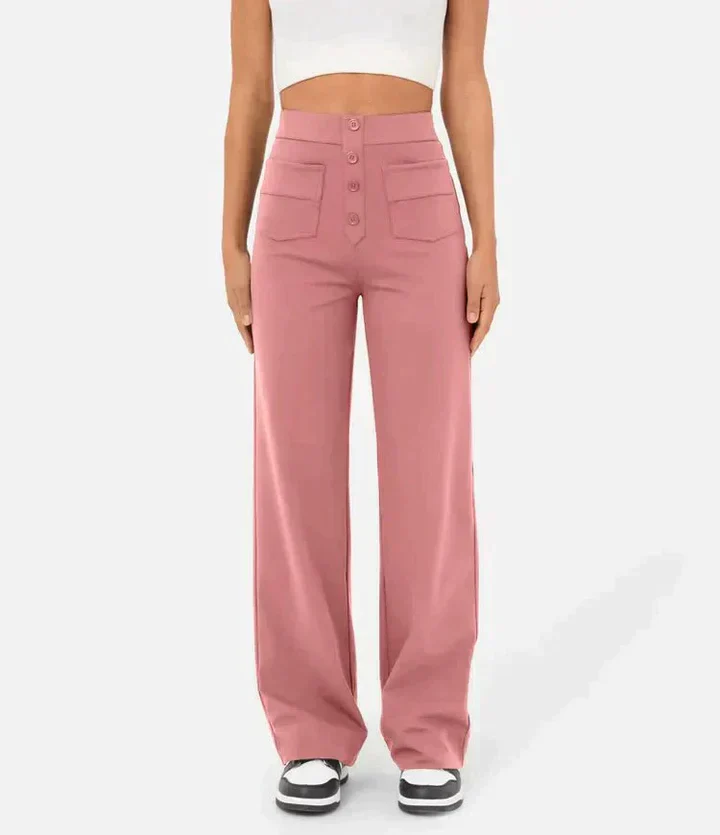 Hose mit hoher Taille und Knöpfen vorne für Damen - Image 3
