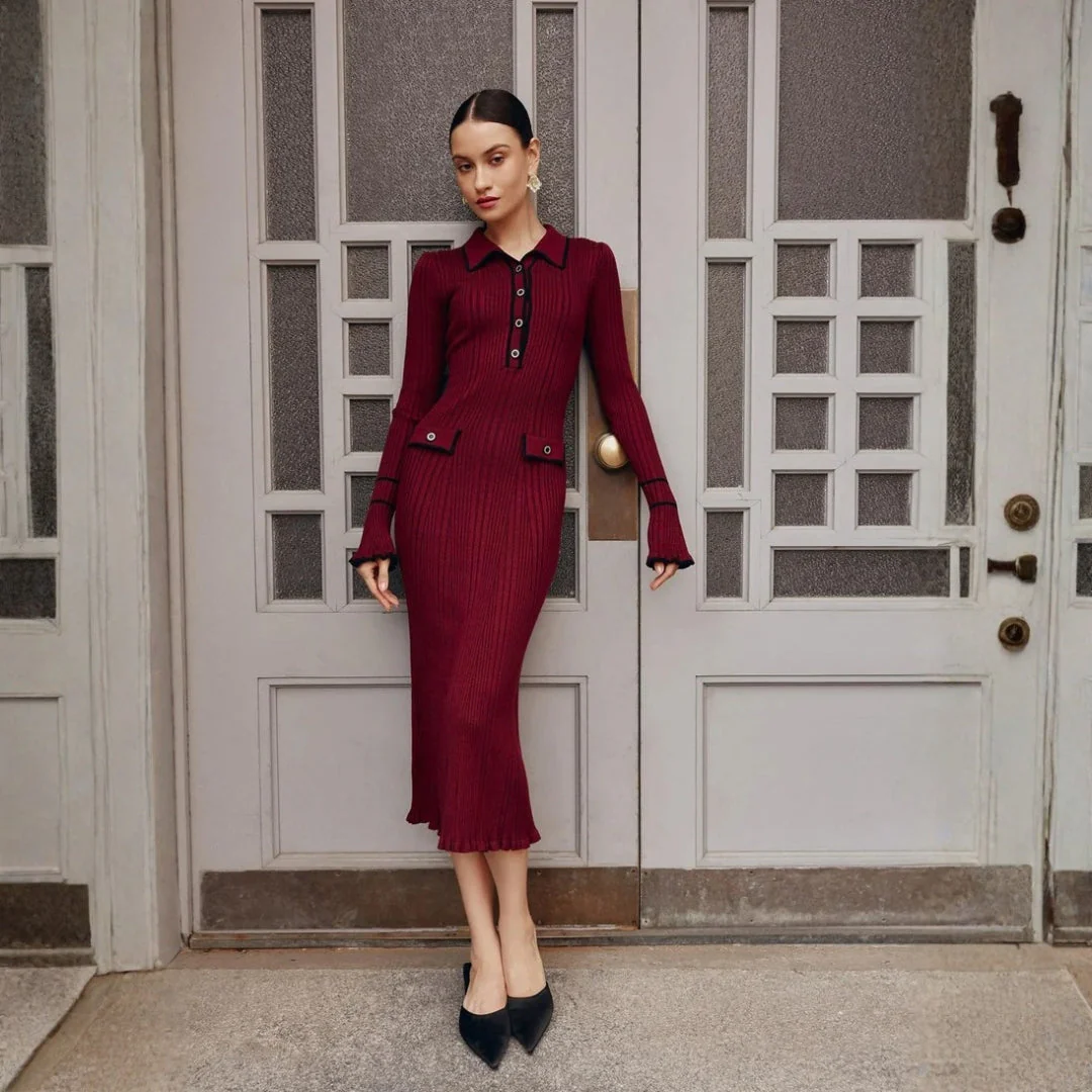 Irina | Damen Geripptes Knopfleiste Vorne Strick Midi Kleid - Image 3