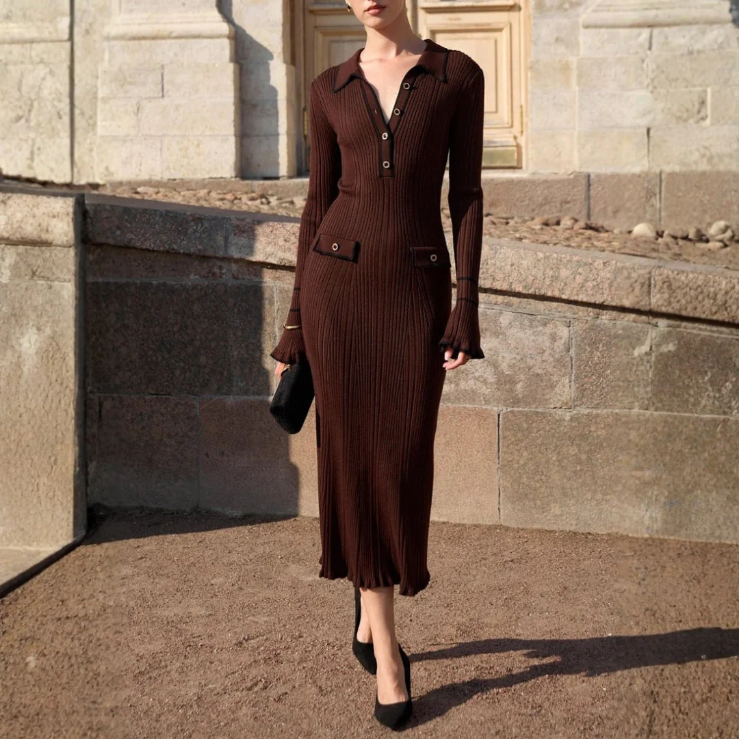 Irina | Damen Geripptes Knopfleiste Vorne Strick Midi Kleid - Image 4