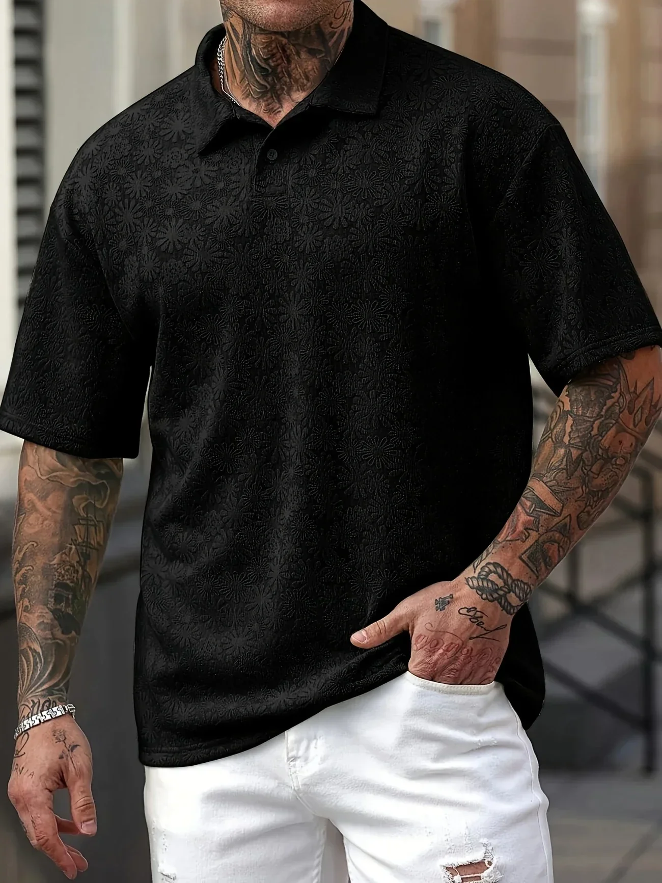 Jovan- Kurzärmliges Poloshirt mit Gänseblümchenstruktur für Herren - Image 2
