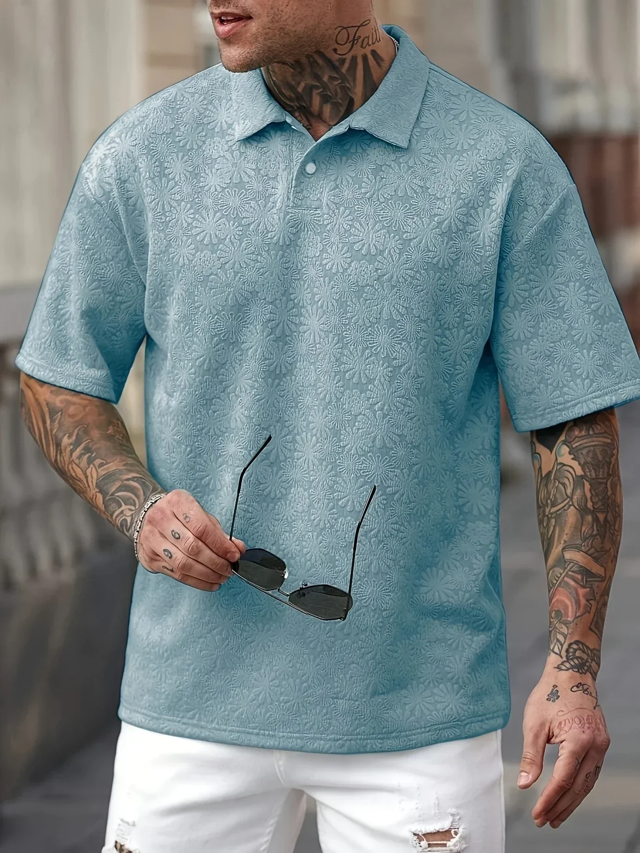 Jovan- Kurzärmliges Poloshirt mit Gänseblümchenstruktur für Herren - Image 5