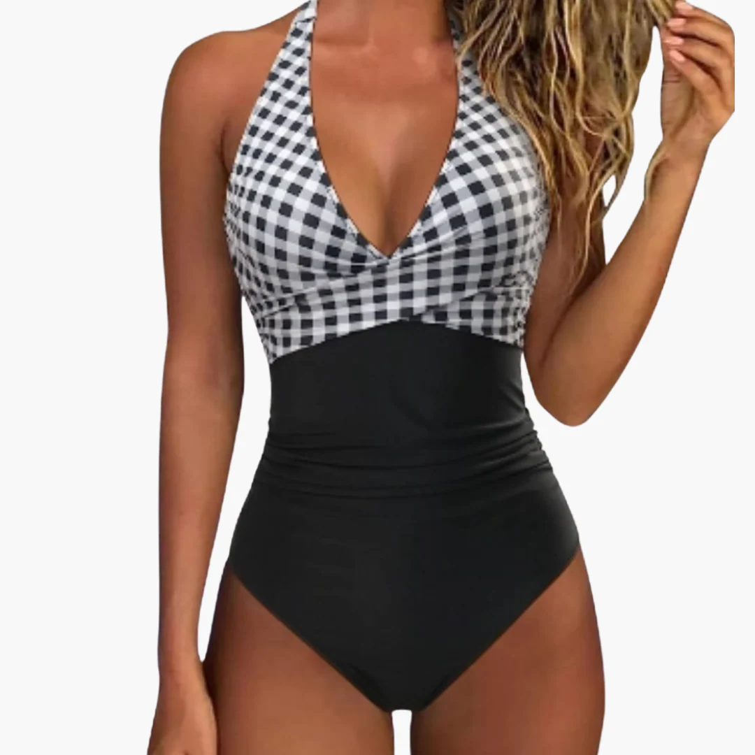Karierter Sommer-Badeanzug - Damen Einteiler mit V-Ausschnitt - Image 6