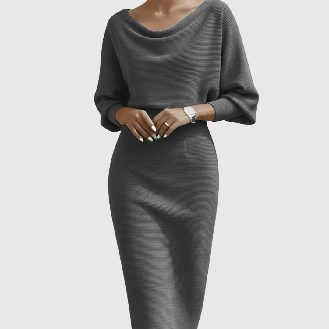 Kathrin | Damen Elegantes Drapiertes Strick Midi Kleid - Image 2