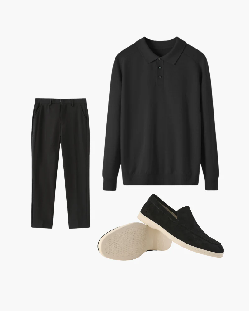 Kayden | All-Black Passendes Outfit mit Langer Ärmel Polohemd, hose & Wildleder-Loafer - Image 8