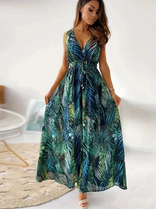 Kresaline – Maxikleid mit V-Ausschnitt und tropischem Print - Image 5