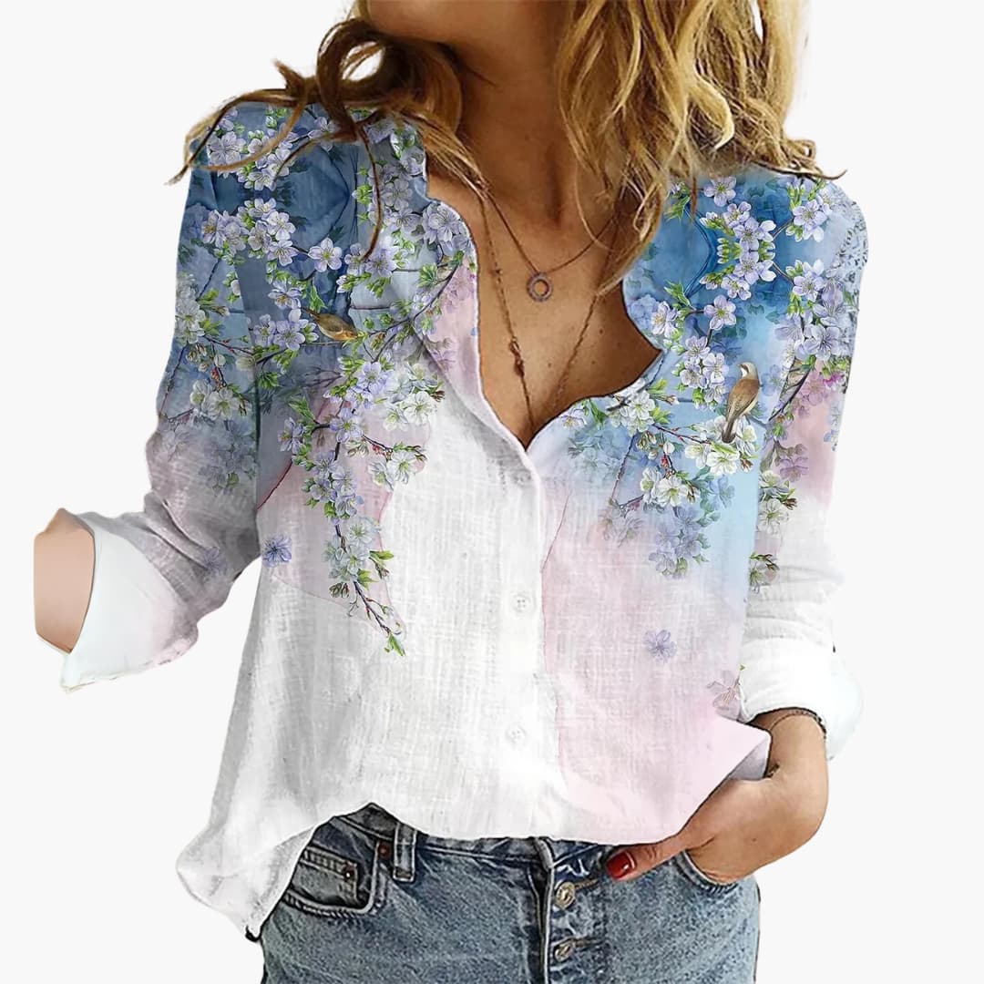 Kunstvoll bedruckte V-Ausschnitt Bluse - Damen Freizeitlook - Image 11