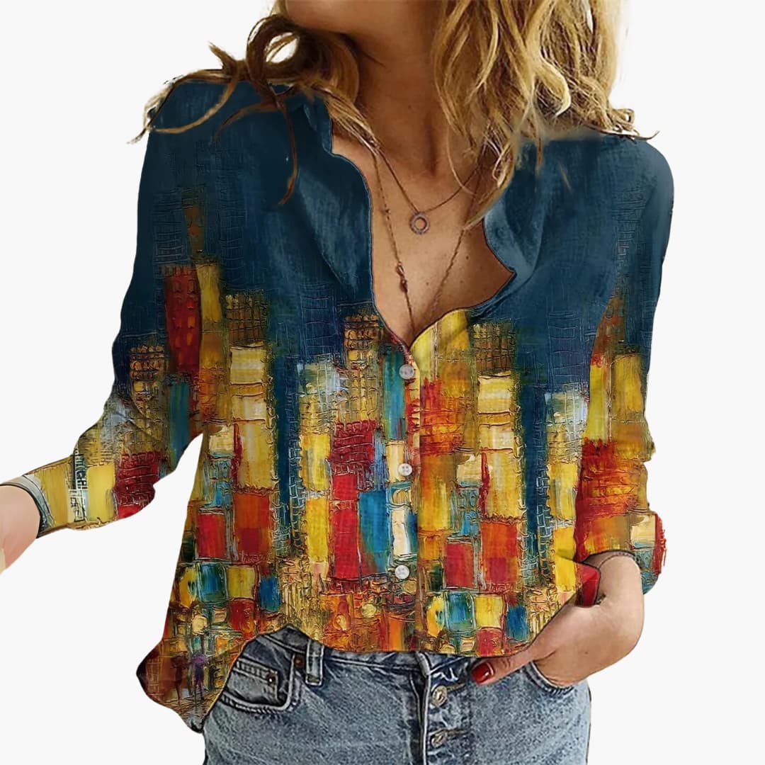 Kunstvoll bedruckte V-Ausschnitt Bluse - Damen Freizeitlook - Image 3