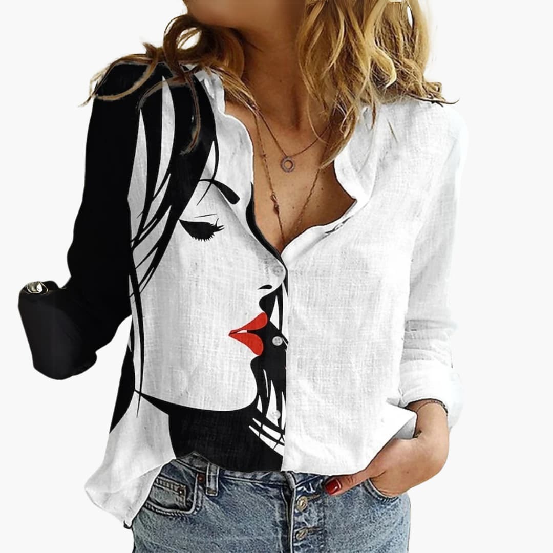 Kunstvoll bedruckte V-Ausschnitt Bluse - Damen Freizeitlook - Image 5
