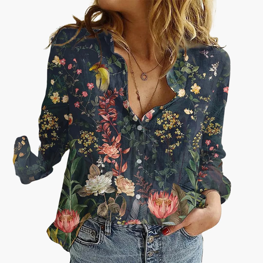 Kunstvoll bedruckte V-Ausschnitt Bluse - Damen Freizeitlook - Image 8