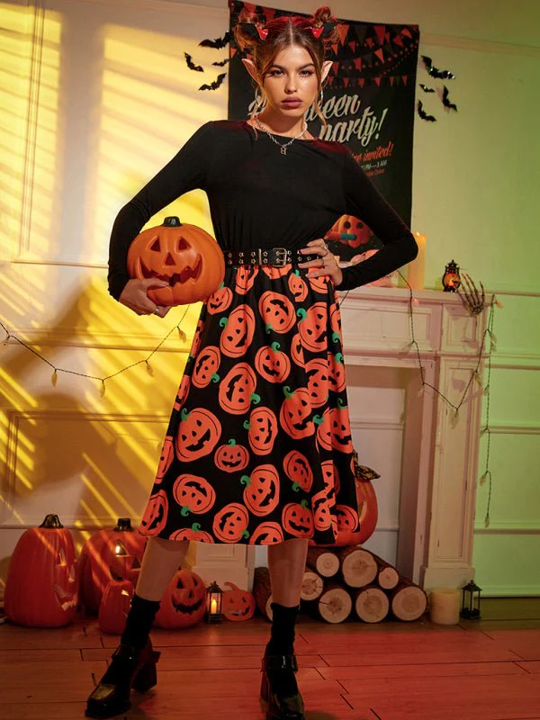 Kürbis Druck Lange Ärmel Halloween Kostum Kleid | Midi - Image 6