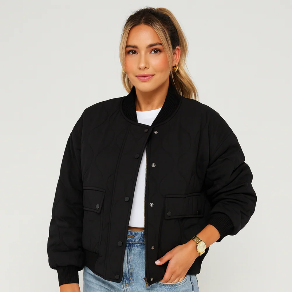 Kurze Bomberjacke Karina – Gerippte Säume und seitliche Taschen für Damen - Image 2