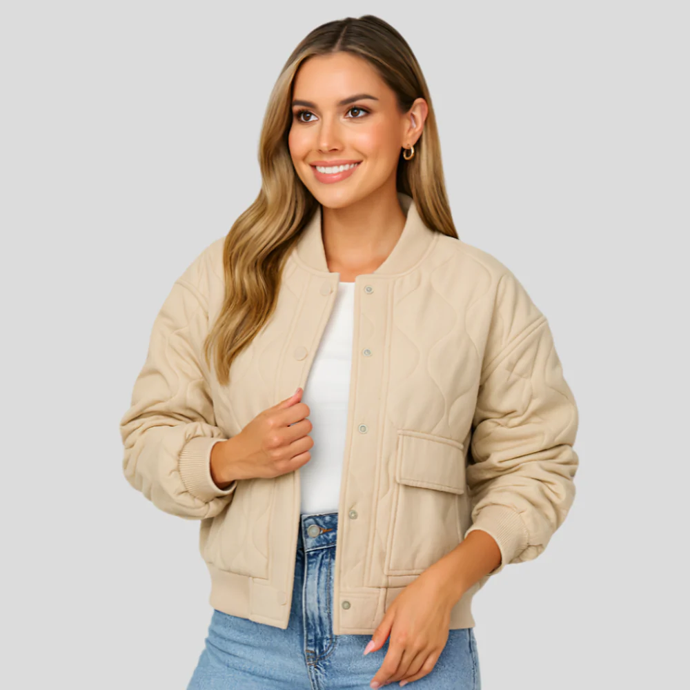 Kurze Bomberjacke Karina – Gerippte Säume und seitliche Taschen für Damen - Image 3