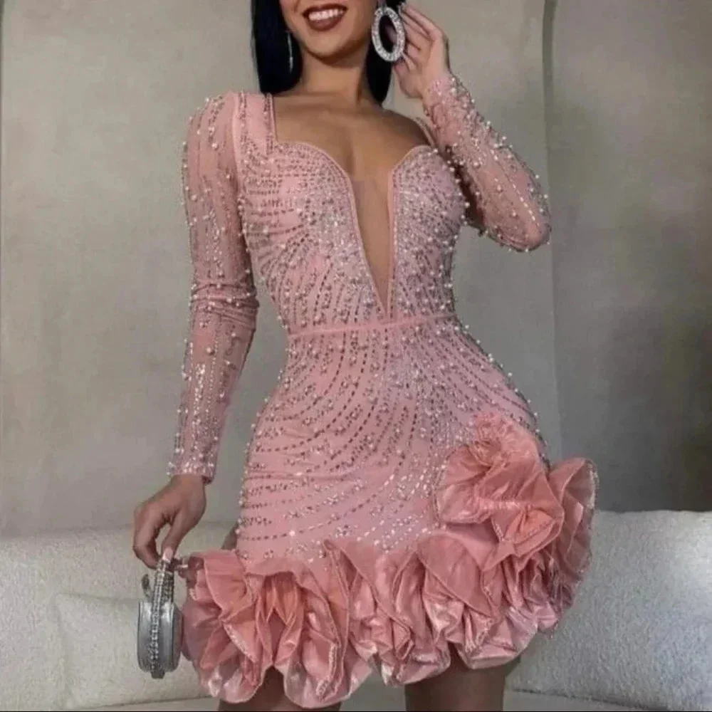 Xenia | Damen Kurzes Abendkleid Tiefer V-Ausschnitt Langarm – Mini Abendkleid 2026 - Image 2