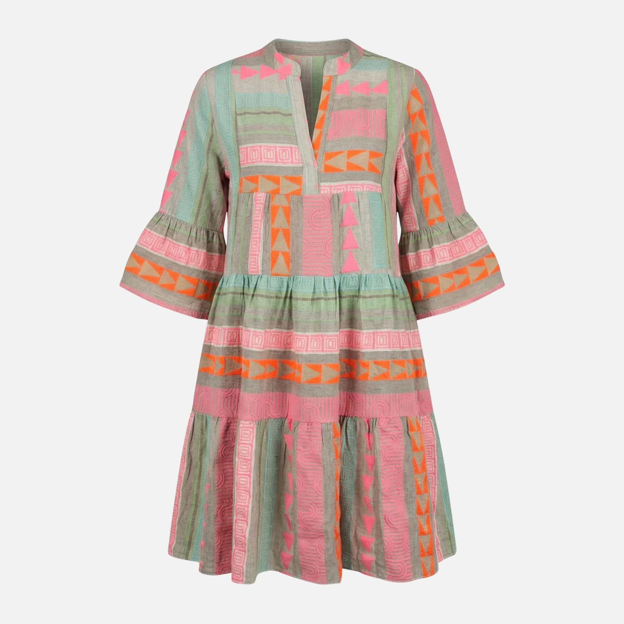 Greta | Damen Kurzes Gestuftes Leinenkleid V-Ausschnitt – Leinen Mini Sommerkleid - Image 7