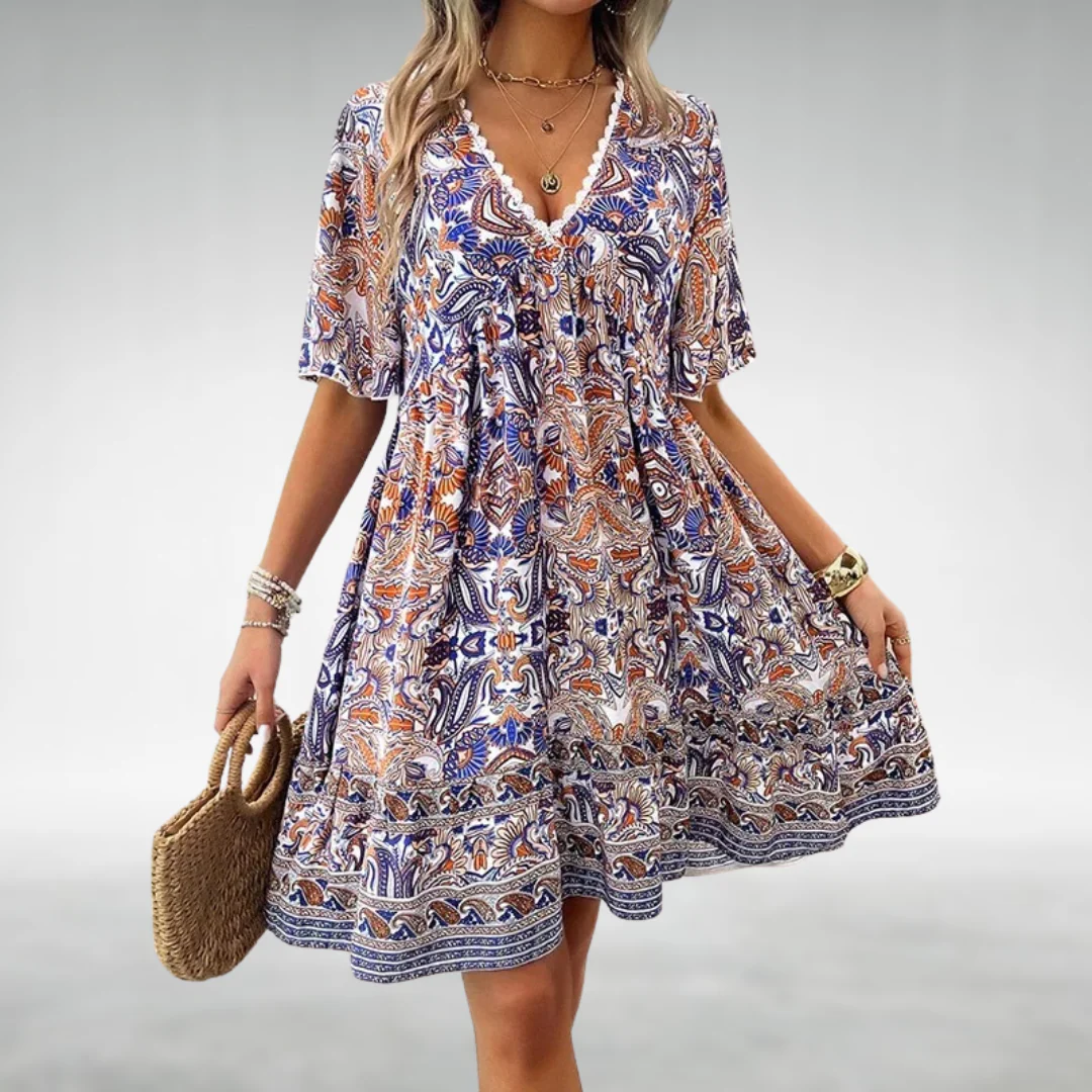 Kurzkleid im Boho-Stil mit V-Ausschnitt und Ethno-Muster - Image 2