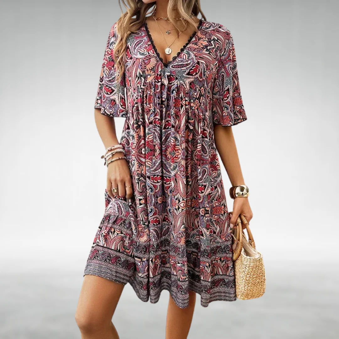 Kurzkleid im Boho-Stil mit V-Ausschnitt und Ethno-Muster - Image 3