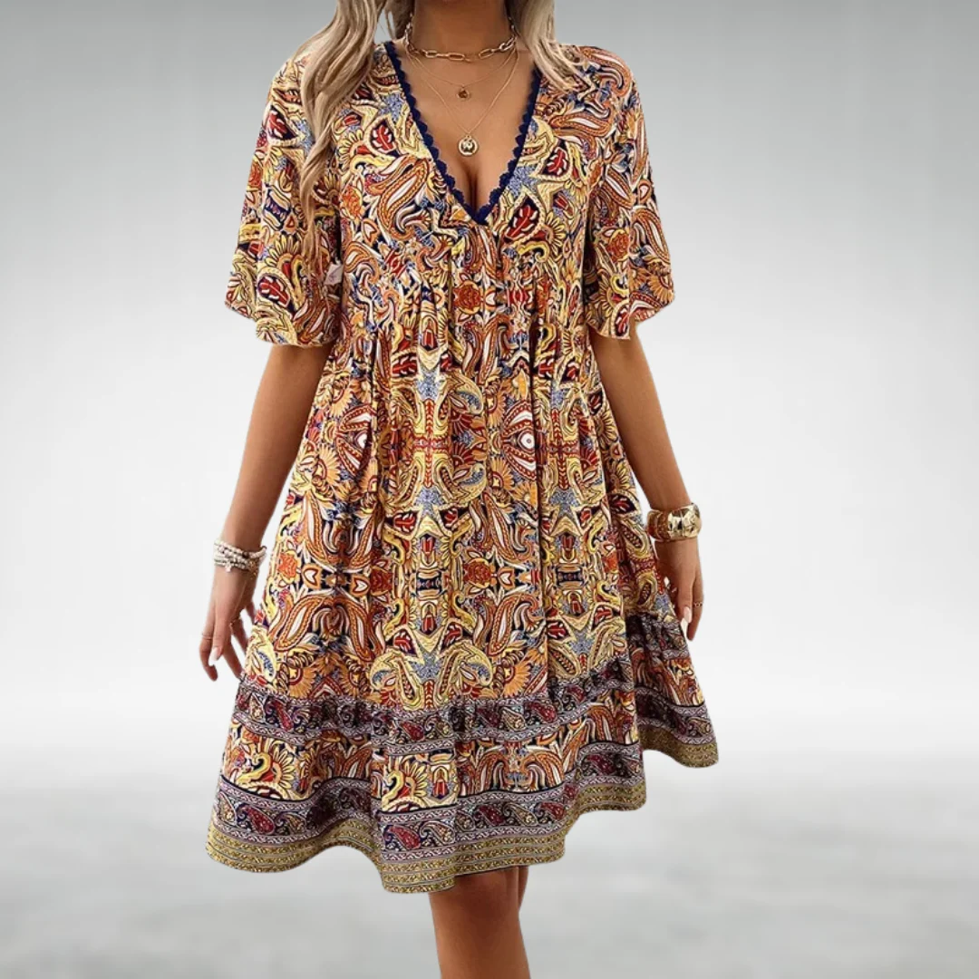 Kurzkleid im Boho-Stil mit V-Ausschnitt und Ethno-Muster - Image 4