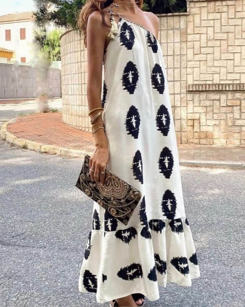 Langes Ein-Schulter-Musterkleid – Ethno-Chic-Stil - Image 3