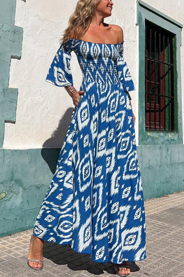 Langes Kleid mit Ethnischer Druck und Off-Shoulder – Bereit für den Urlaub - Image 2
