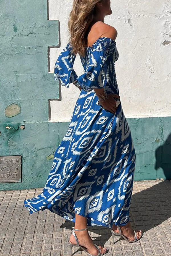 Langes Kleid mit Ethnischer Druck und Off-Shoulder – Bereit für den Urlaub - Image 3
