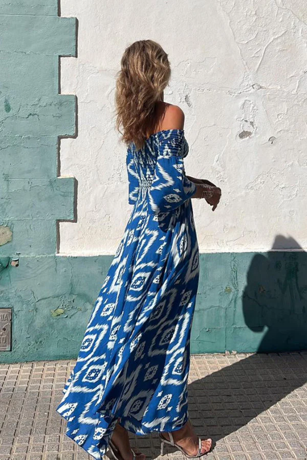 Langes Kleid mit Ethnischer Druck und Off-Shoulder – Bereit für den Urlaub - Image 4