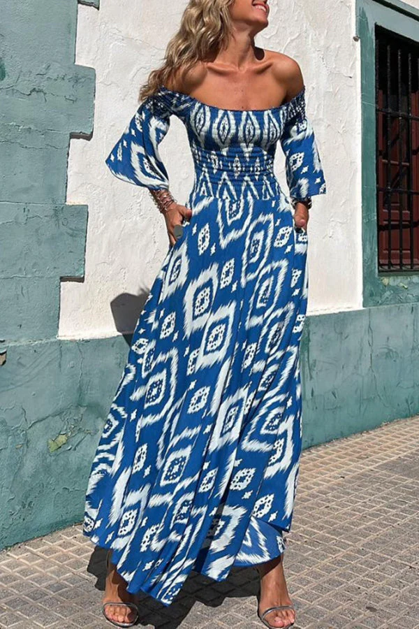 Langes Kleid mit Ethnischer Druck und Off-Shoulder – Bereit für den Urlaub - Image 5