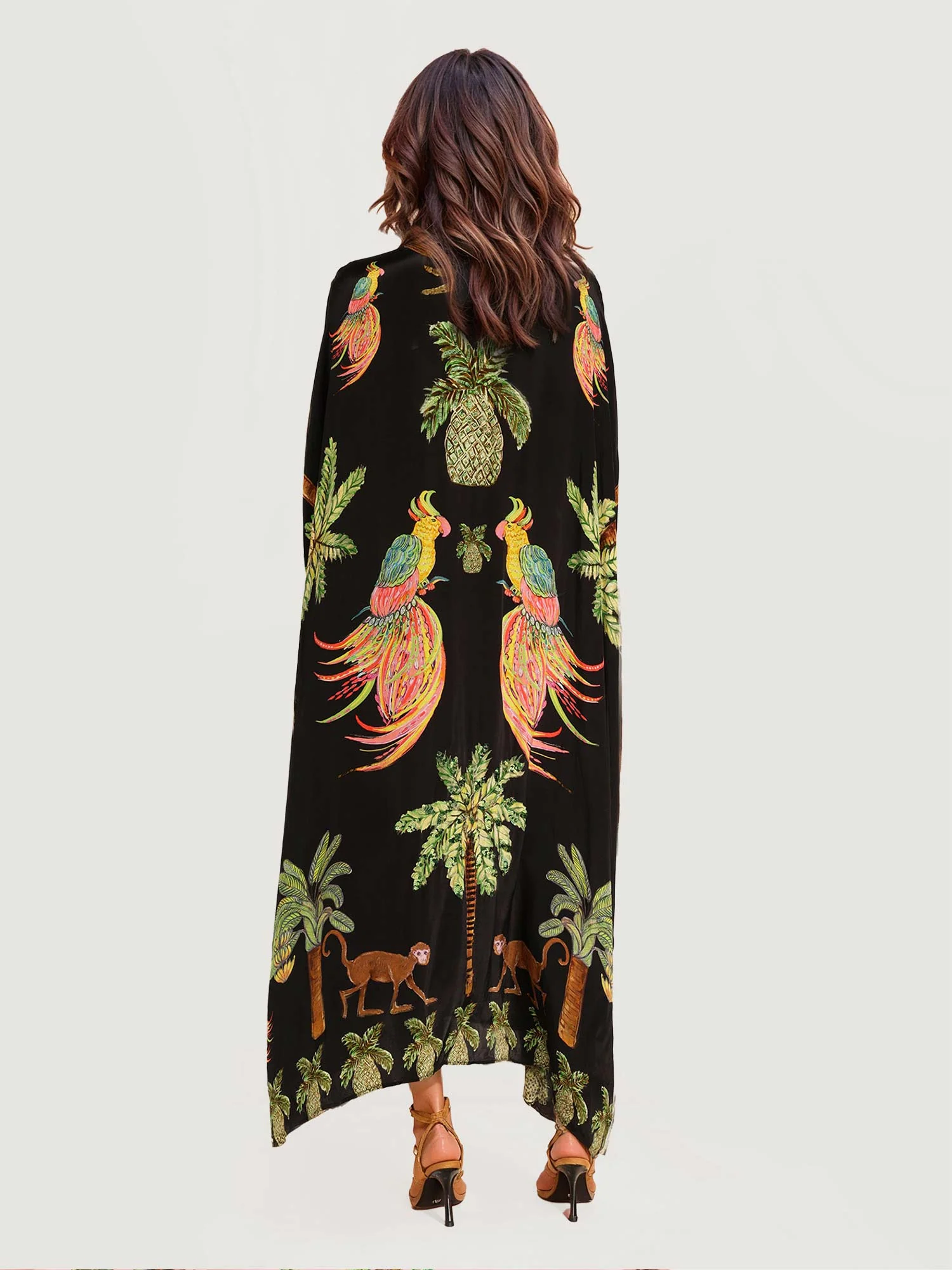 Langes schwarzes Kleid mit tropischen Papageiendruck - Image 5