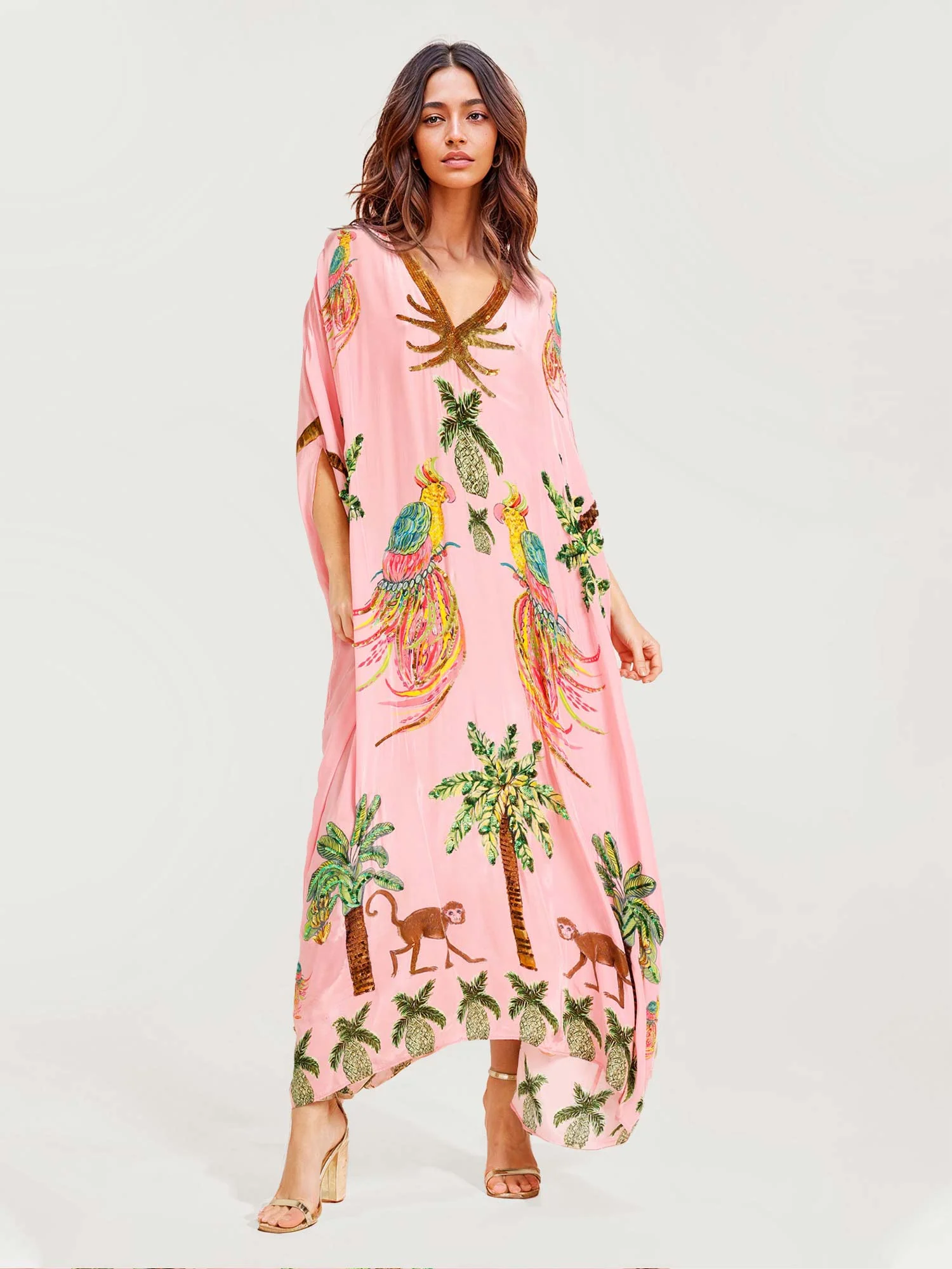 Langes schwarzes Kleid mit tropischen Papageiendruck - Image 7