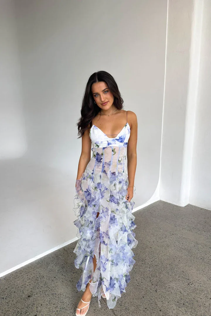 Elena | Damen Langes Sommerkleid Weiß Blau Geblümt Volants – Blumen Maxi Korsett 2026 - Image 3
