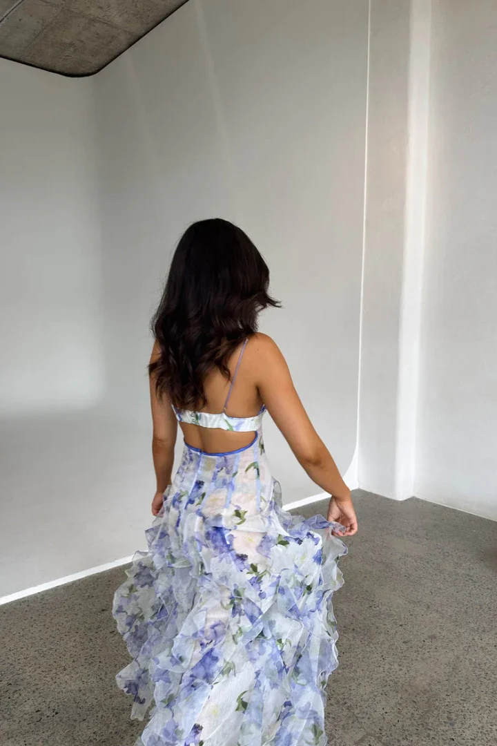 Elena | Damen Langes Sommerkleid Weiß Blau Geblümt Volants – Blumen Maxi Korsett 2026 - Image 4