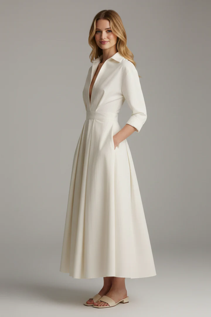 Lara Damen Midikleid mit Knopfleiste Vorne und Taillendetail - Image 2