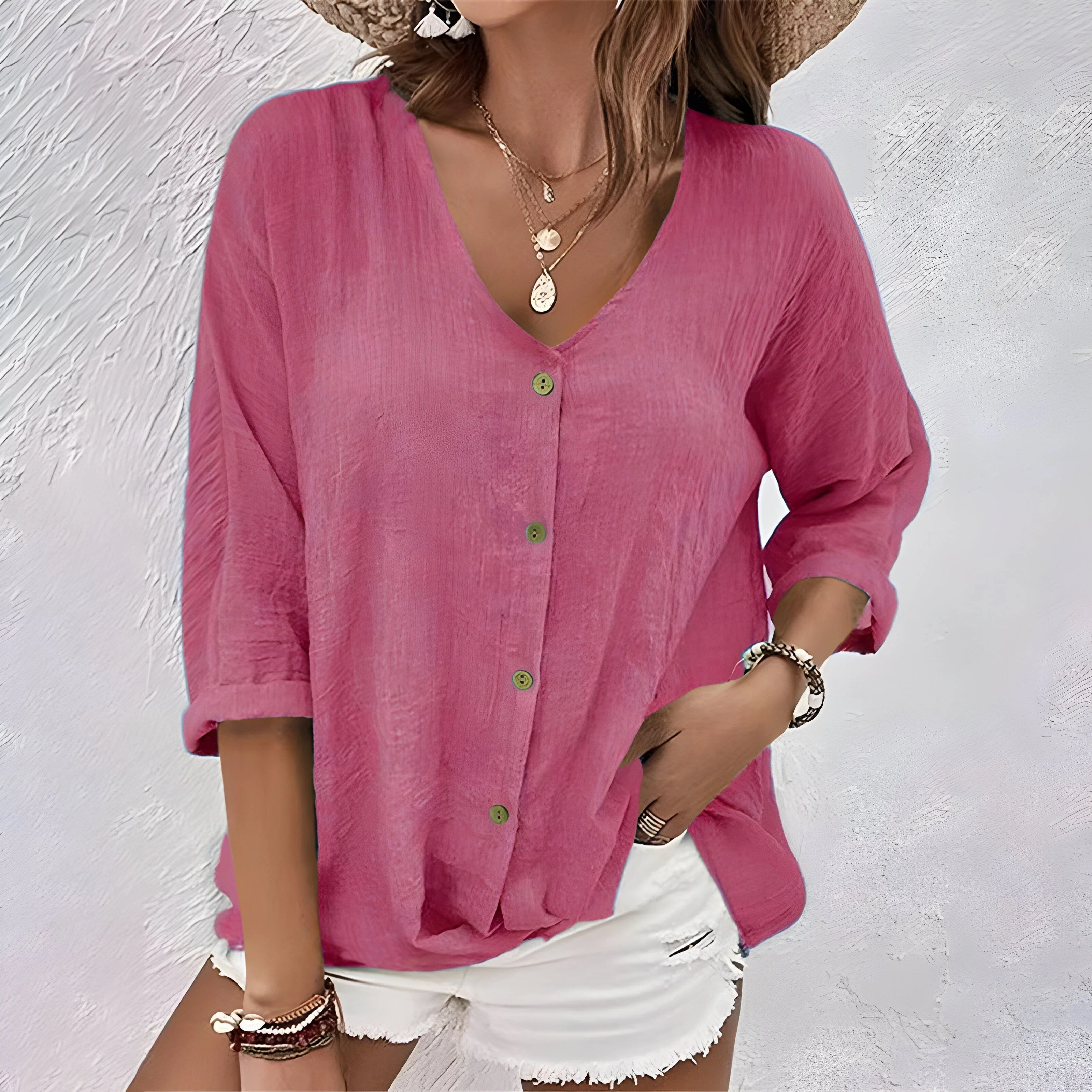 Lässige Damenbluse mit Knöpfen – Elegante Bluse für den Sommer, V-Ausschnitt, Entspannte Rollärmel, Vielseitig kombinierbar - Image 6