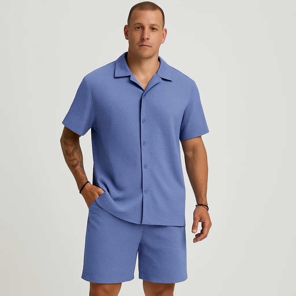 Lässiges Herren-Set – Kurzarmhemd mit Kragen und Shorts mit strukturiertem Karomuster - Image 2