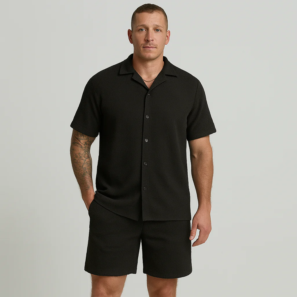 Lässiges Herren-Set – Kurzarmhemd mit Kragen und Shorts mit strukturiertem Karomuster - Image 3