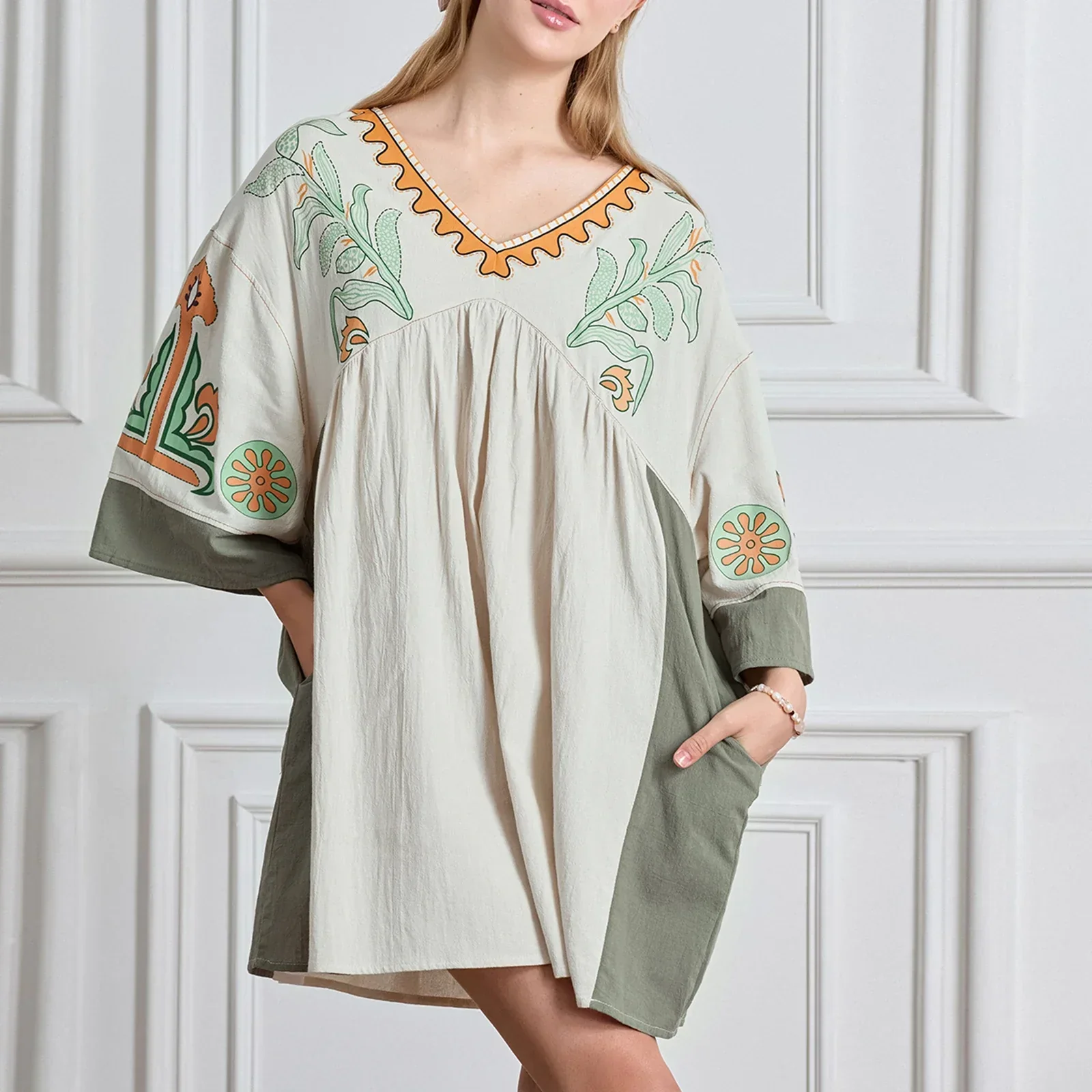 Lässiges Oversize Boho Damen Minikleid mit 3/4 Ärmeln - Image 12